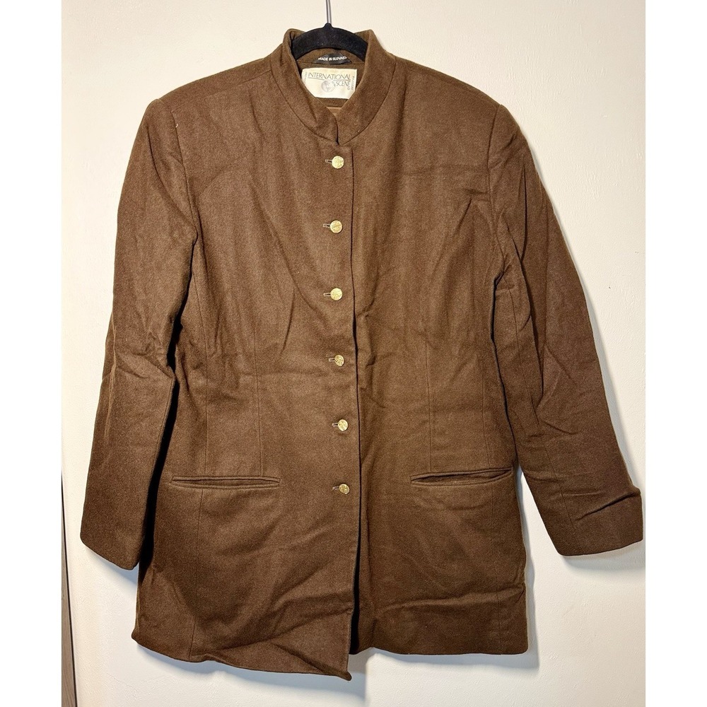 International Scene Button Down Wool Jacket Women's Size Large Brown Mock Neck